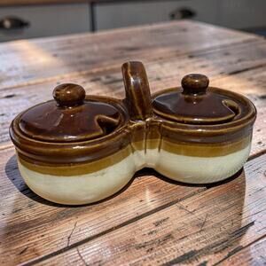 Vintage Stoneware  Brown Drip Glaze Double Pot Condiment Serving Bowls